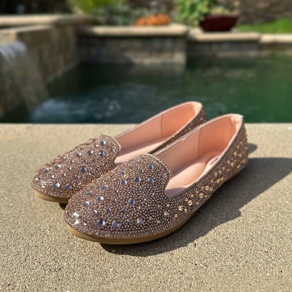 New Bling Rose Gold Rhinestone Crystal Loafers Ballet Flat Ballerina Shoes Slide - Picture 1 of 6